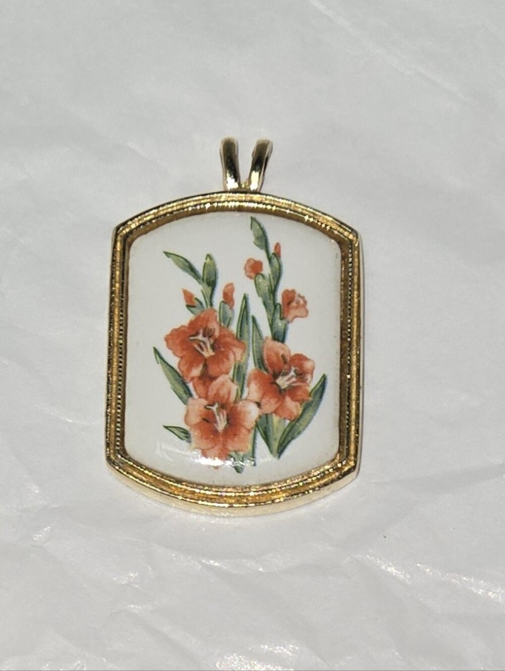 Avon Gladiolas Tile Pendant Vintage 80's Porcelain And Gold Plated